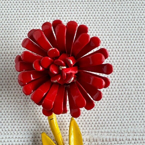 Vintage Red & Yellow Enamel Flower Brooch Pin 2.75" Retro Floral Jewelry - Picture 2 of 6